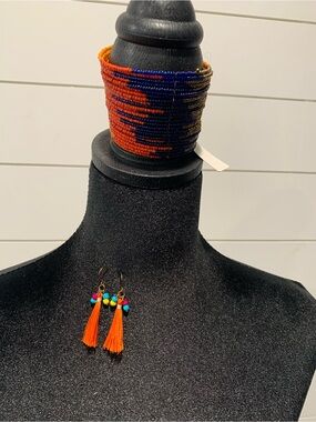 Beaded Cuff Bracelet with Orange Tassel Earrings - Navy & Orange